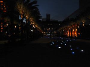 Anaheim Convention Center lit up walkway.